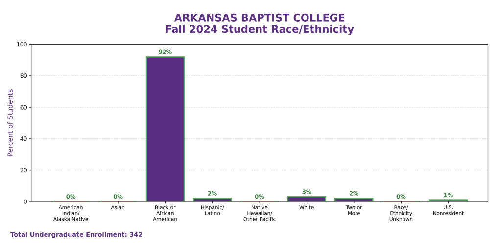 Fall 2024 Student Race/Ethnicity bar chart, with 92% Black or African American and smaller percentages across other categories.