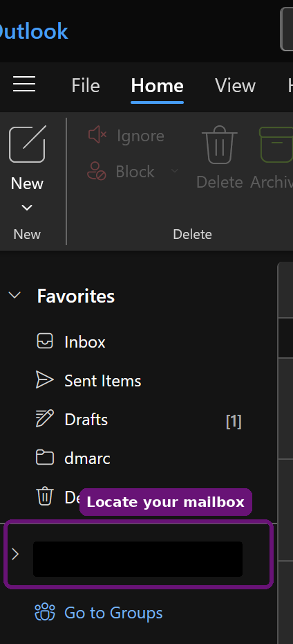 Outlook on the web left navigation pane with the signed-in mailbox highlighted at the bottom of the Favorites list