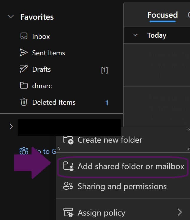 Right-click menu on the mailbox showing the Add shared folder or mailbox option