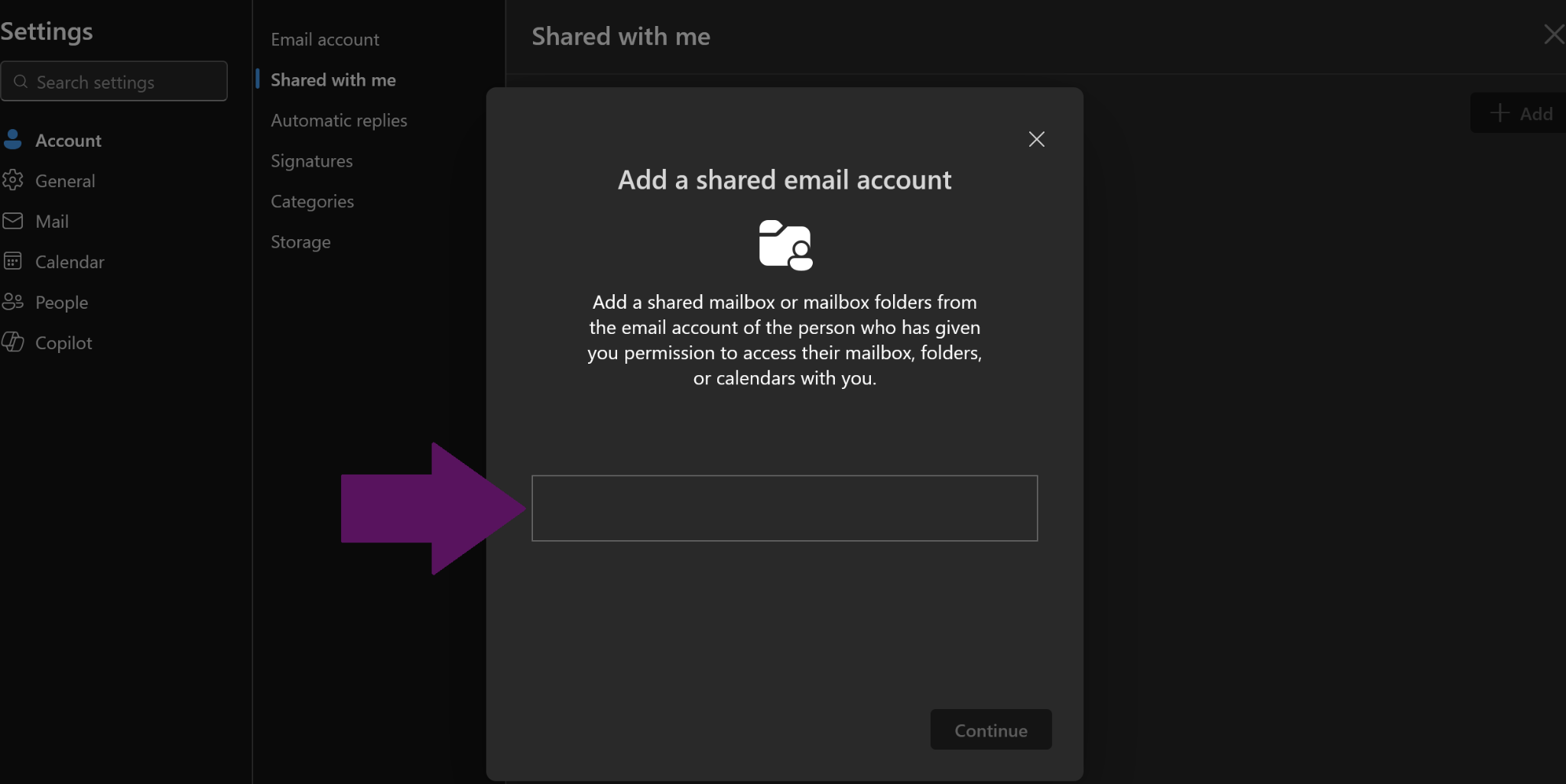 Add a shared email account dialog with an entry box for the shared mailbox address and a Continue button