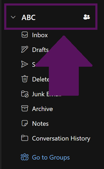 Left navigation pane showing the newly added shared mailbox expanded to reveal its Inbox, Drafts, and other folders