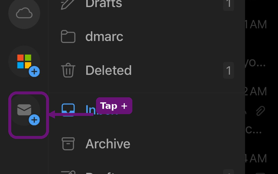 Outlook mobile navigation menu with the mail/envelope icon with a blue plus sign highlighted