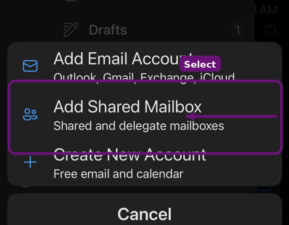 Outlook mobile menu showing the Add Shared Mailbox option