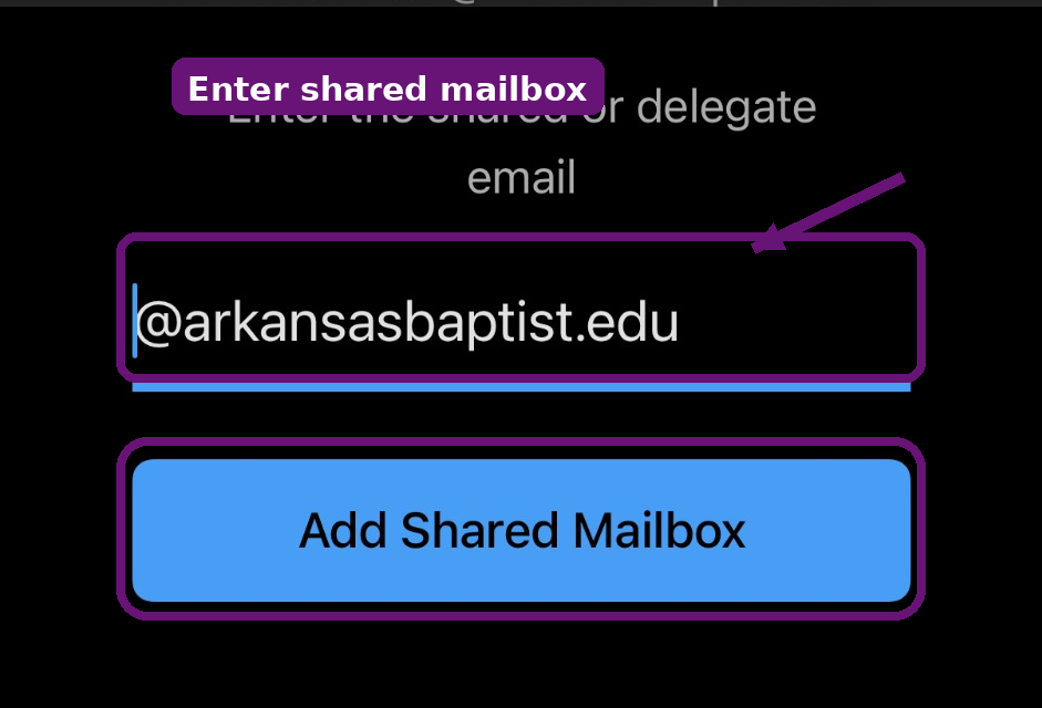 Outlook mobile screen with a field for the shared mailbox email address and an Add Shared Mailbox button