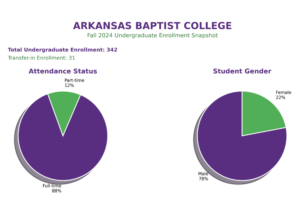 Fall 2024 Undergraduate Enrollment Snapshot showing attendance status (88% full-time, 12% part-time) and student gender (78% male, 22% female).